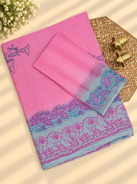 Pure Cotton with Hand Block  Prints - Pink with Grey