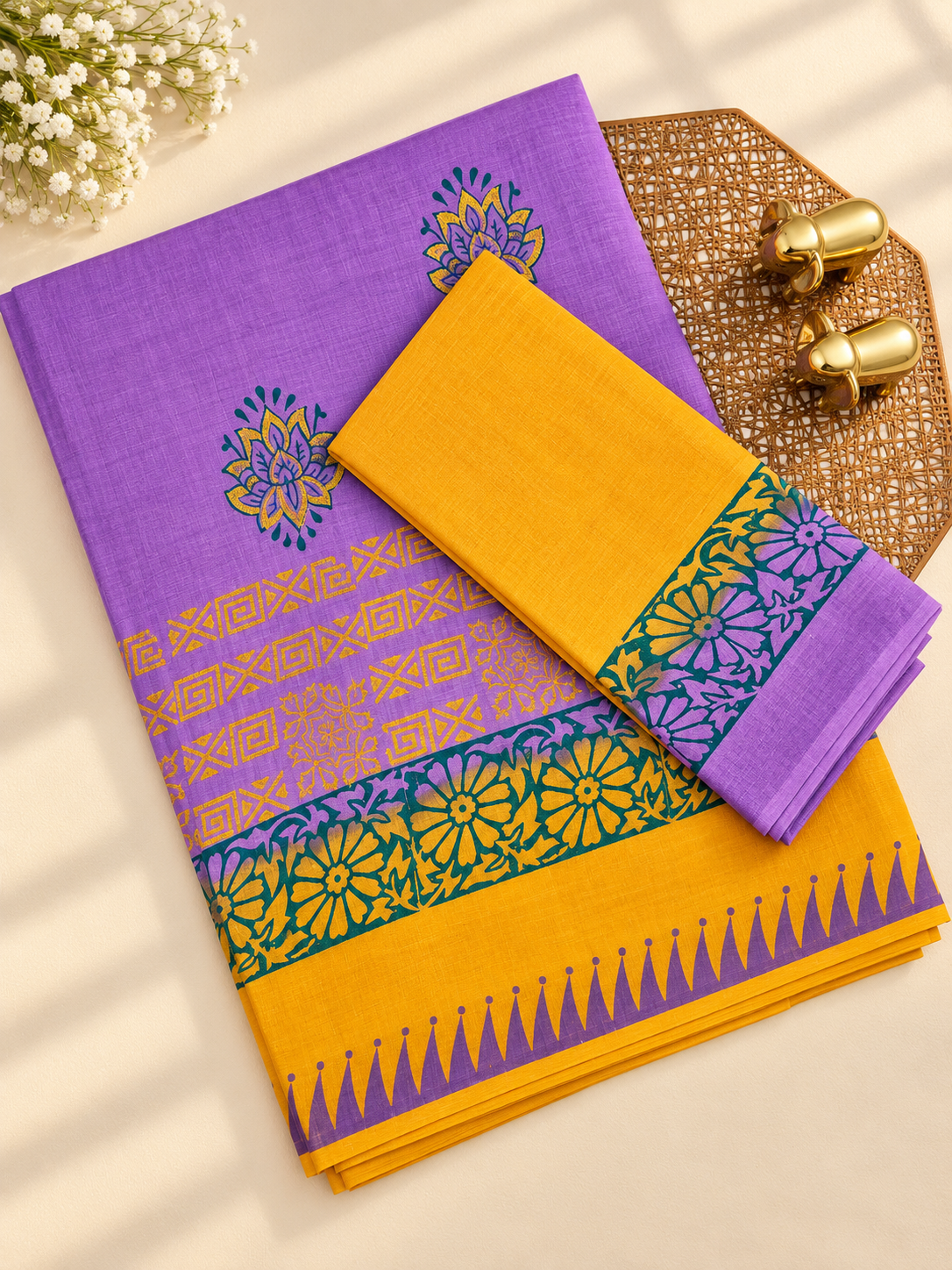 Pure Cotton with Hand Block Prints - Lavender with Yellow
