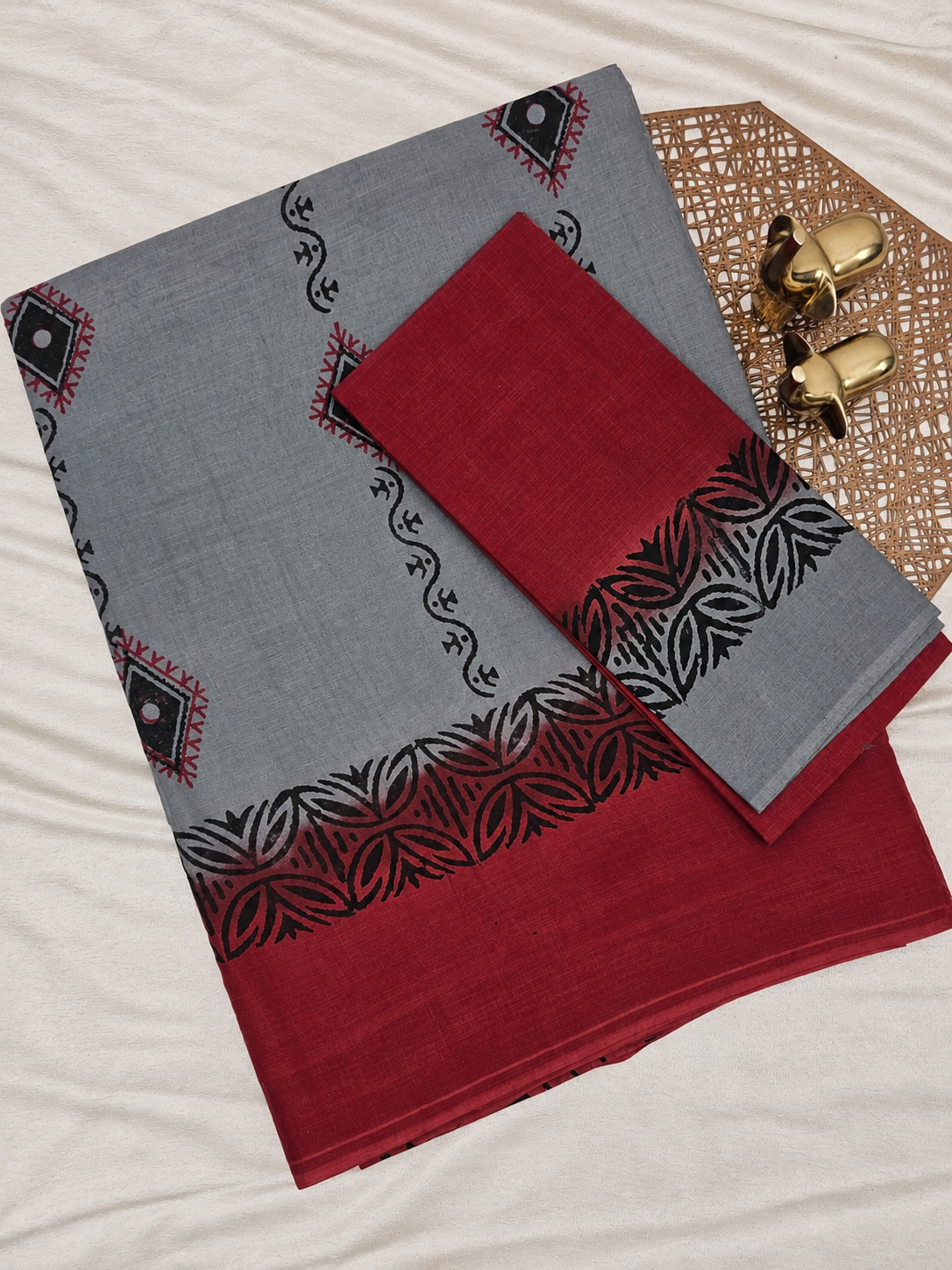 Pure Cotton with Hand Block  Prints - Grey with Red