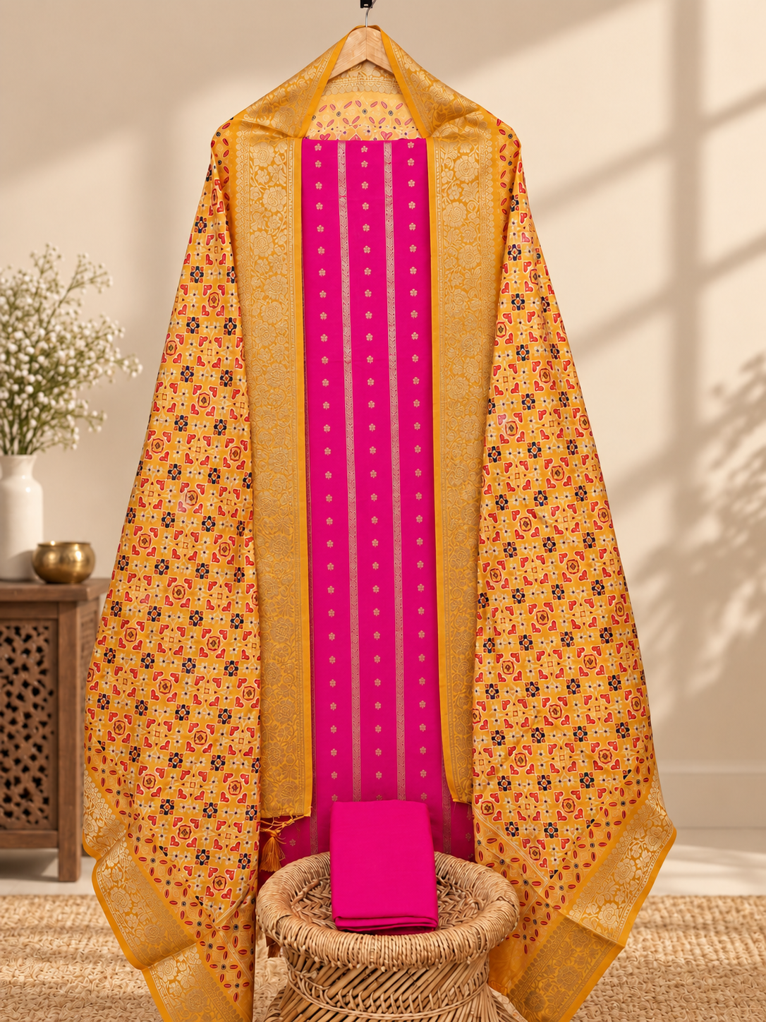 Banarasi Silk Unstitched Salwar - Pink