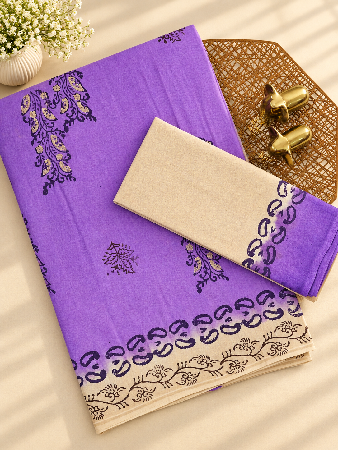 Pure Cotton with Hand Block Prints - Lavender with Cream