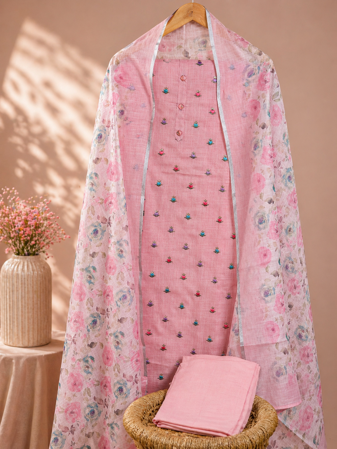 Linen Unstitched Salwar Set – Pink