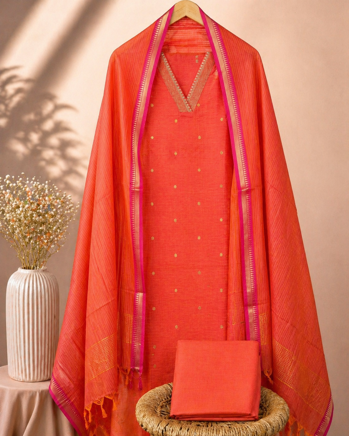 𝐏𝐫𝐞𝐛𝐨𝐨𝐤𝐢𝐧𝐠 𝐀𝐯𝐚𝐢𝐥𝐚𝐛𝐥𝐞 - 𝟐5 𝐝𝐚𝐲 𝐃𝐢𝐬𝐩𝐚𝐭𝐜𝐡 𝐓𝐢𝐦𝐞 Pure Cotton Unstitched Salwar Set –  Dual Shade Pink Orange