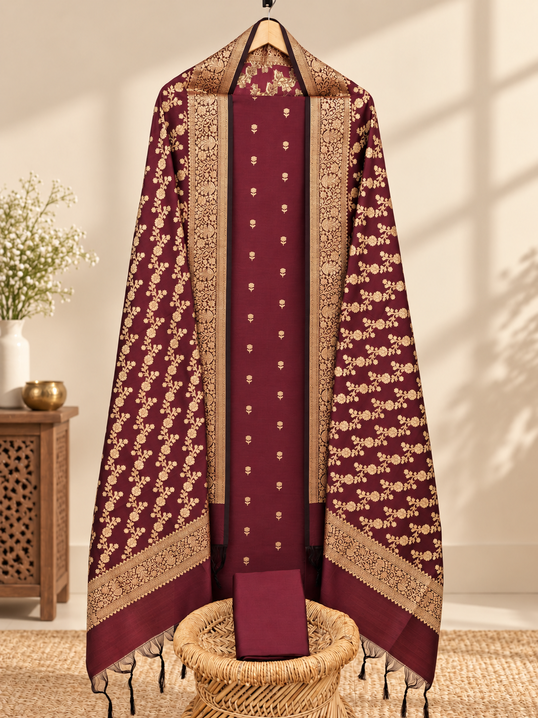 Banarasi Silk Unstitched Salwar - Burgundy