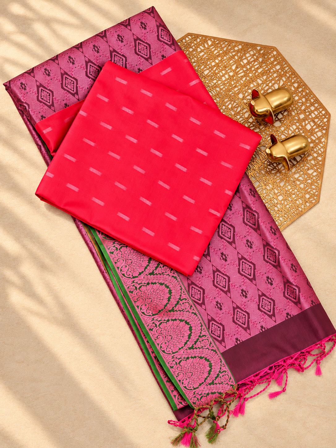Red with Green Pink Zari Woven Semi Soft Silk Saree