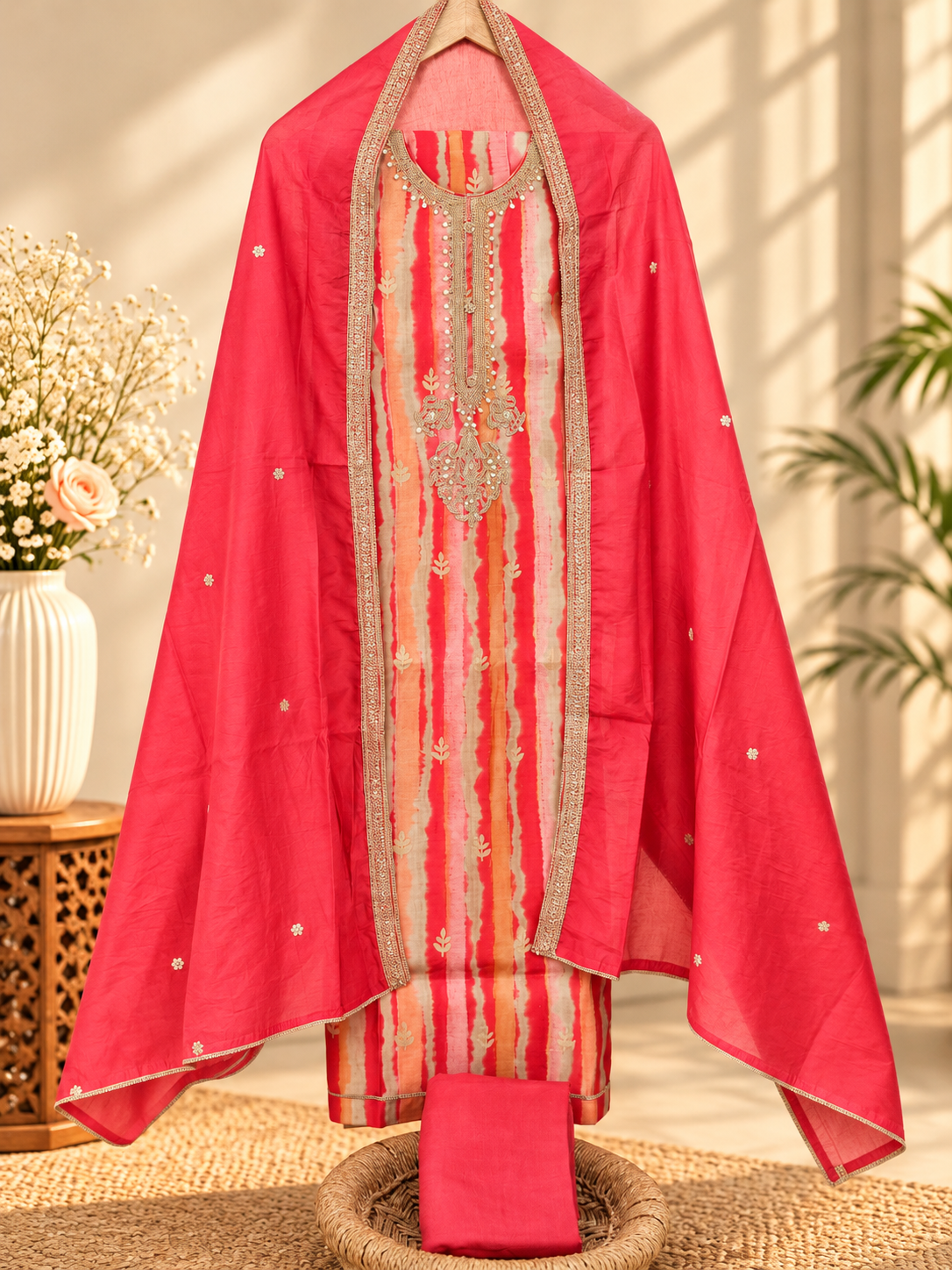 Modal Silk Unstitched Salwar Suit - Dark Peach