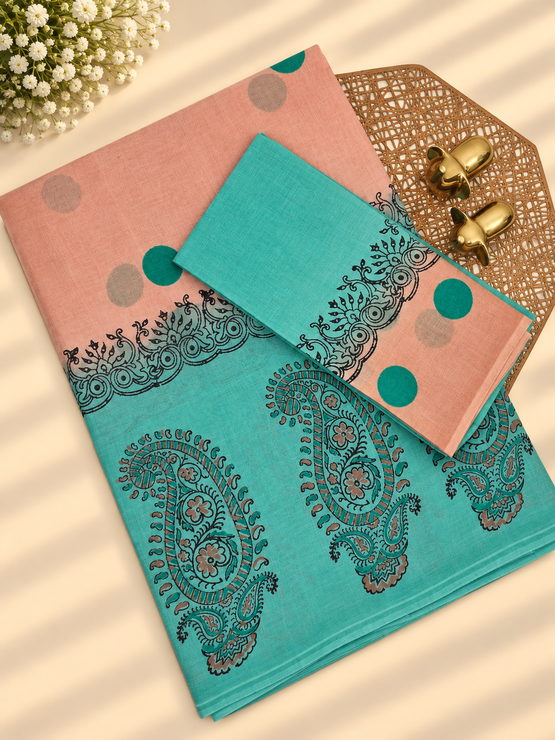 Pure Cotton with Hand Block  Prints - Peach with Sea Green