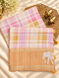 Soft Semi Tussar Madras Checks with Elephant Patch Work and Kantha Work - Brown