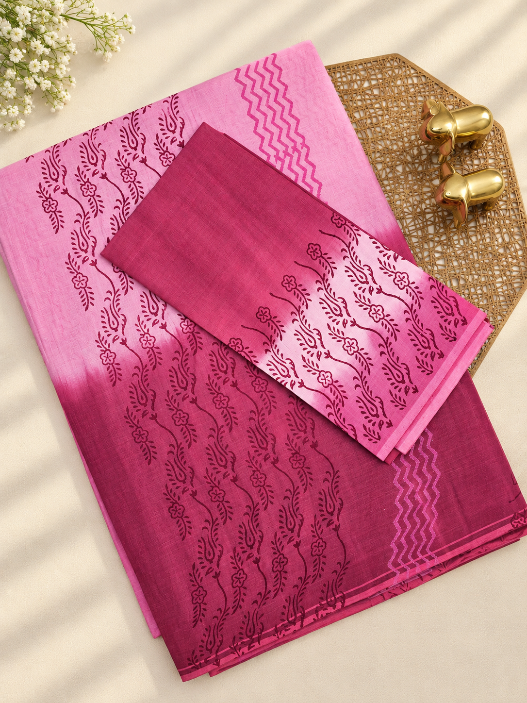 Pure Cotton with Hand Block Prints - Light Pink with Dark Pink