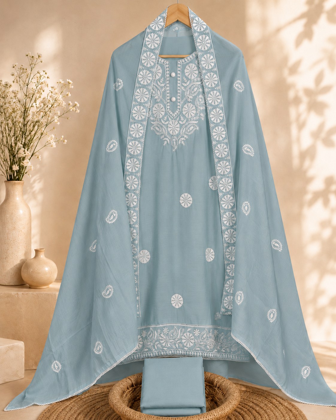 Chanderi Embroidery Unstitched Salwar - Blue
