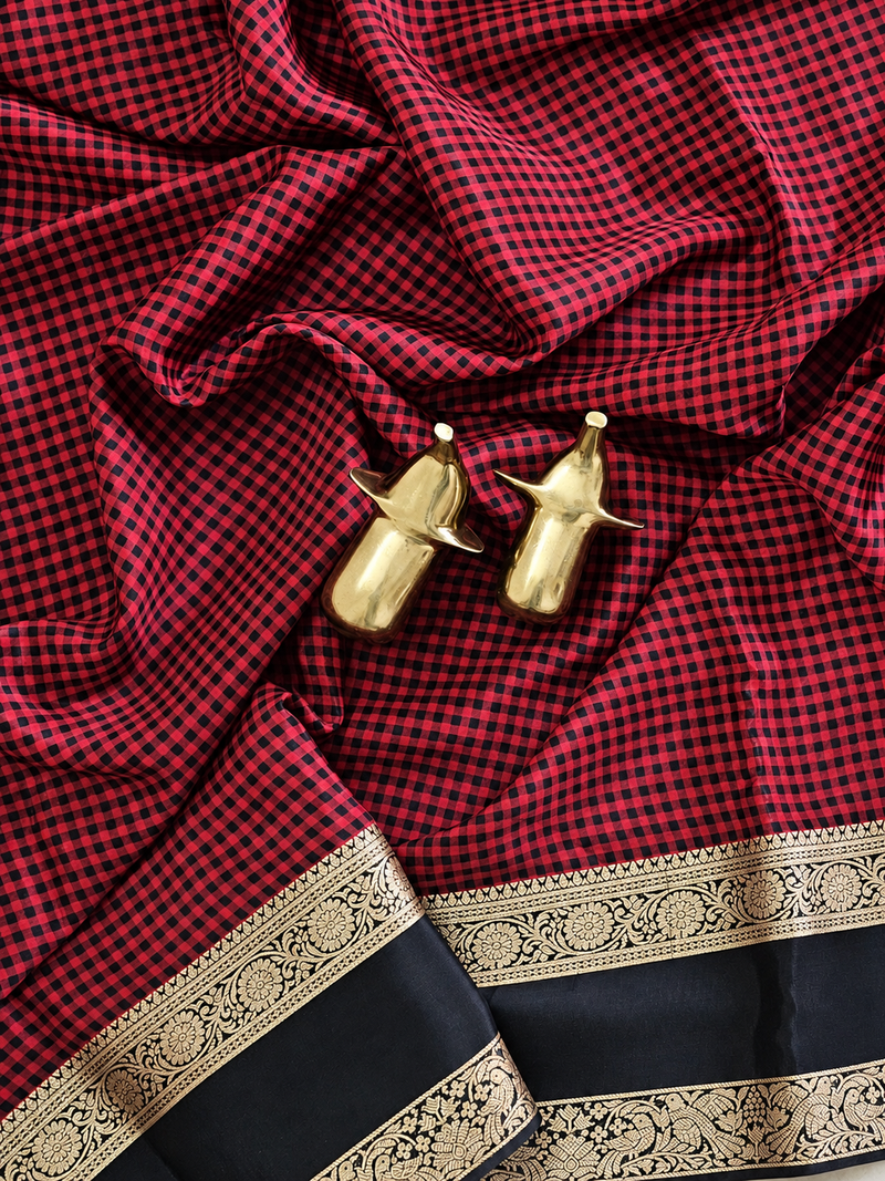Red with Black Checks Premium Semi Mysore Crepe Silk Saree
