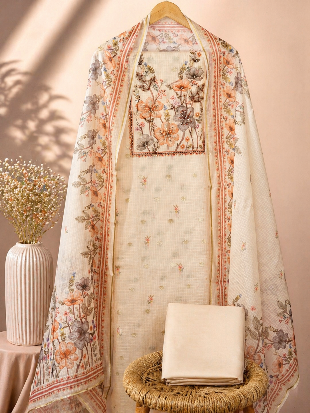 Semi Tussar Kota Unstitched Salwar Set – Cream