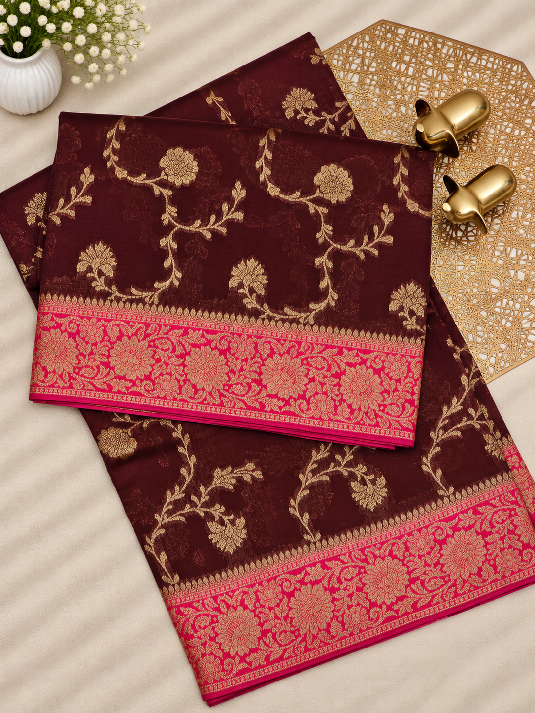 Jute Banarasi Silk Saree - Coffee Brown with Pink