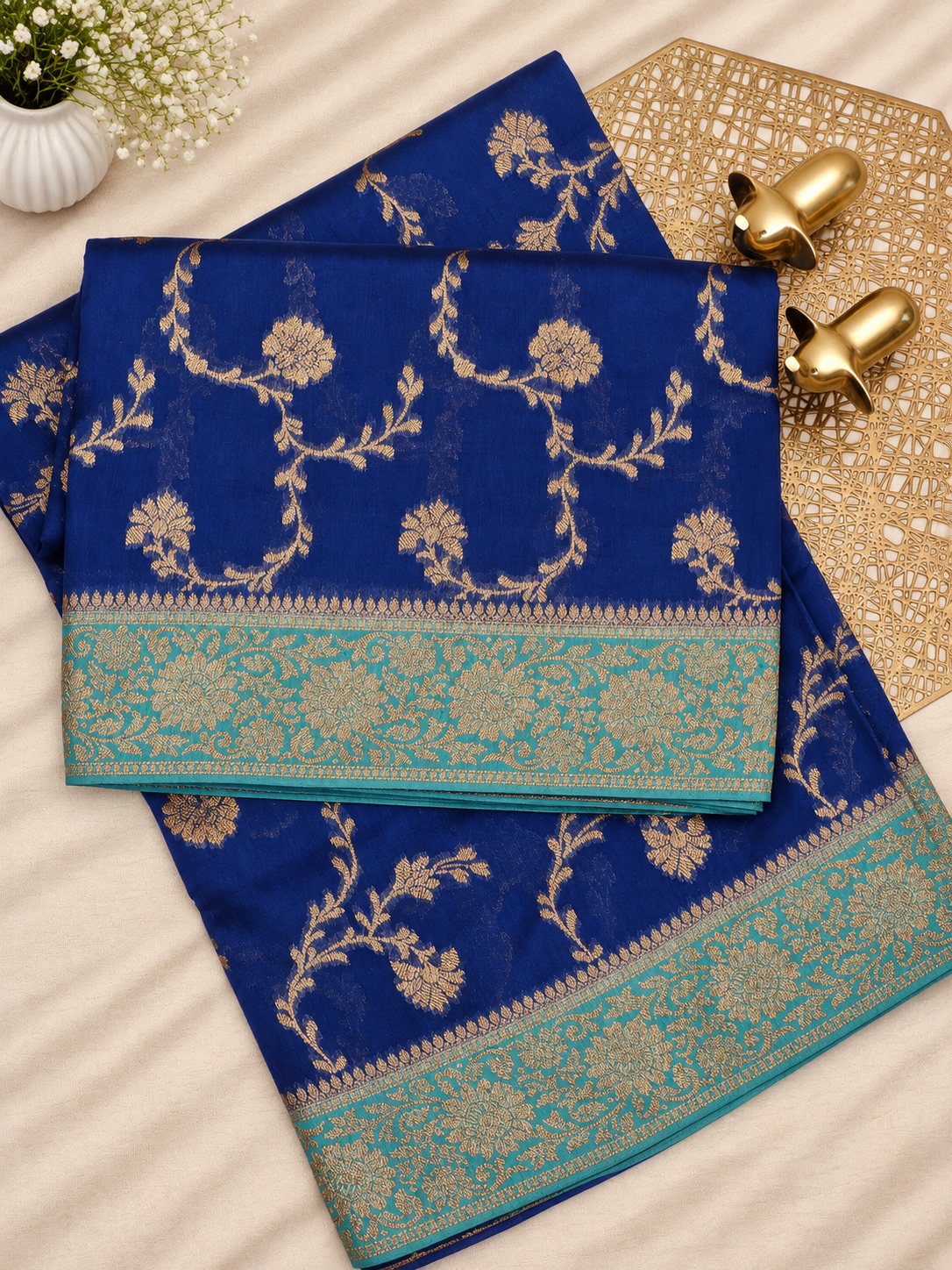 Jute Banarasi Silk Saree - Navy Blue with Sea Green
