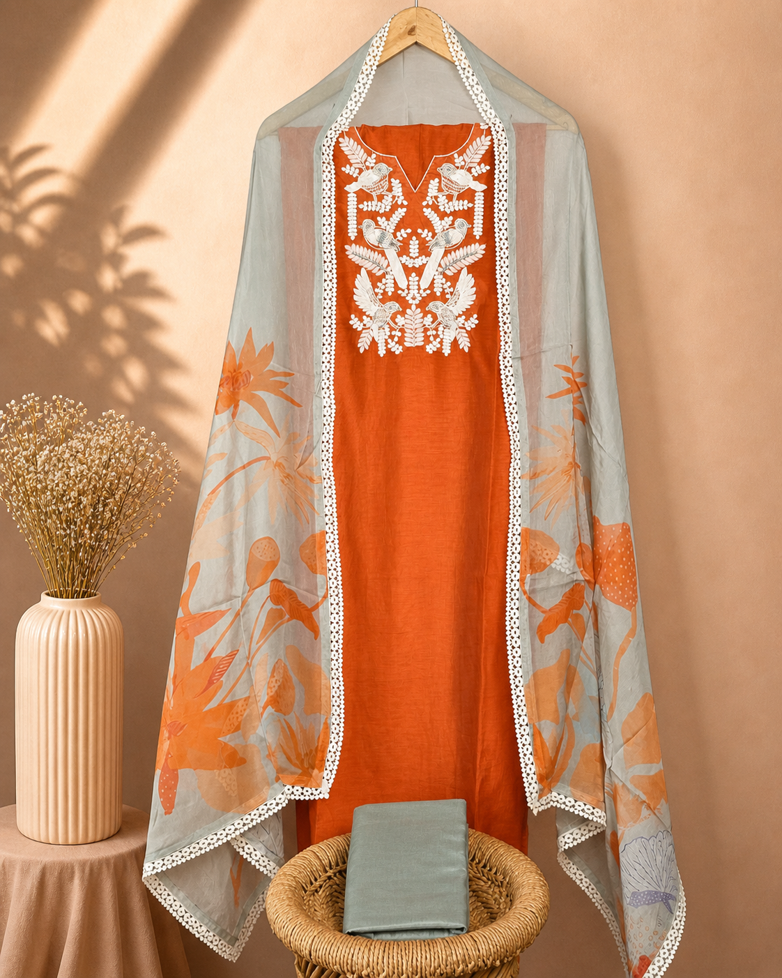 Soft Silk Unstitched Salwar Set – Orange