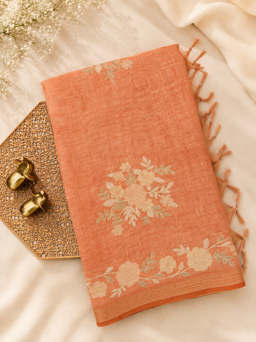 Linen Tissue with Aari Work - Orange