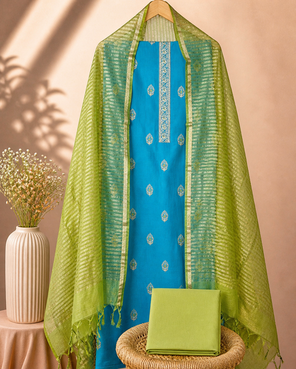 Soft Silk Unstitched Salwar Set – Blue with Green