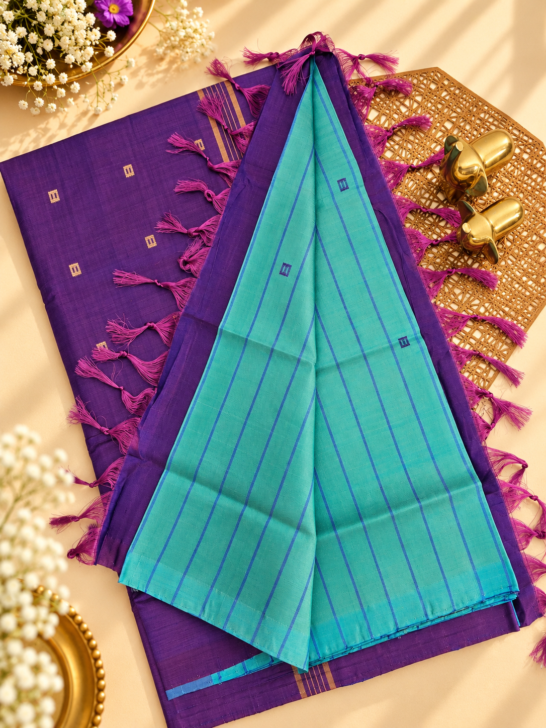 Chinnalampattu Saree -Sea Green cum Blue with Purple
