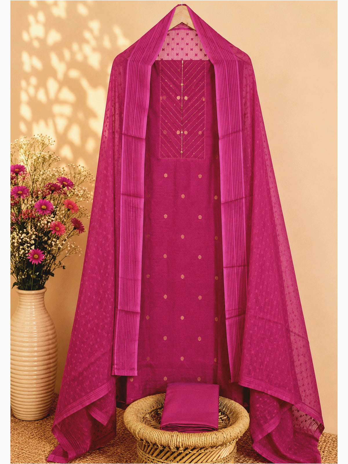 Pure Cotton Unstitched Salwar Set – Dark Pink