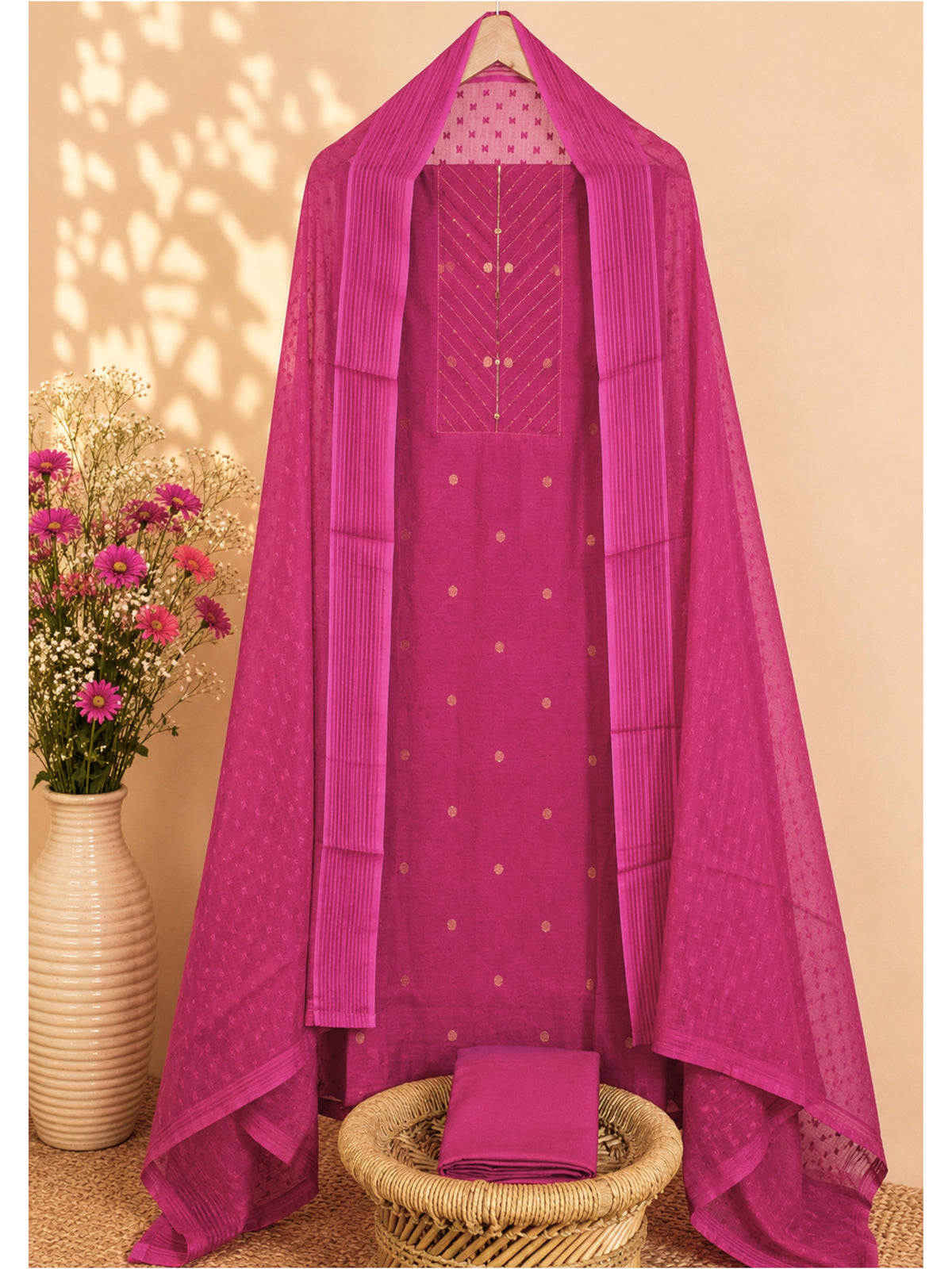 Pure Cotton Unstitched Salwar Set – Dark Pink
