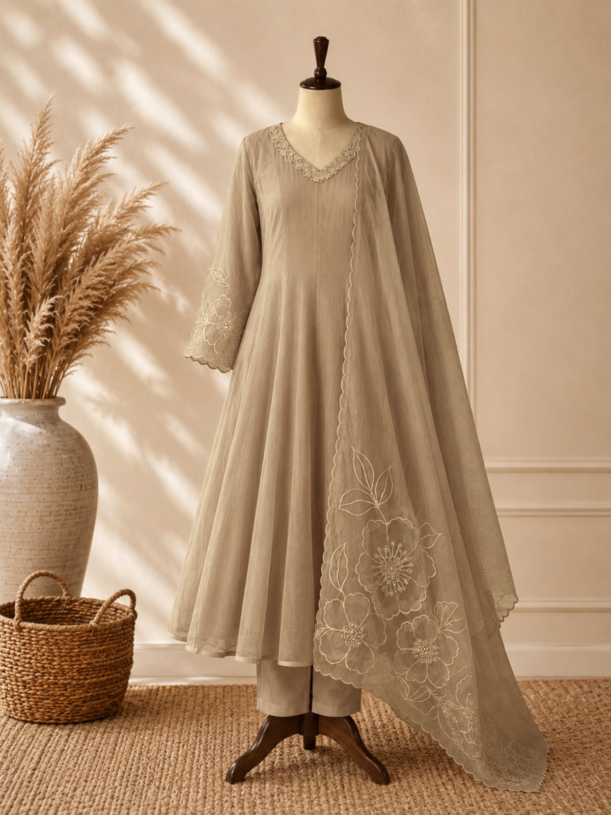 Mul Chanderi 3 pcs Salwar Suit - Beige / Chikoo