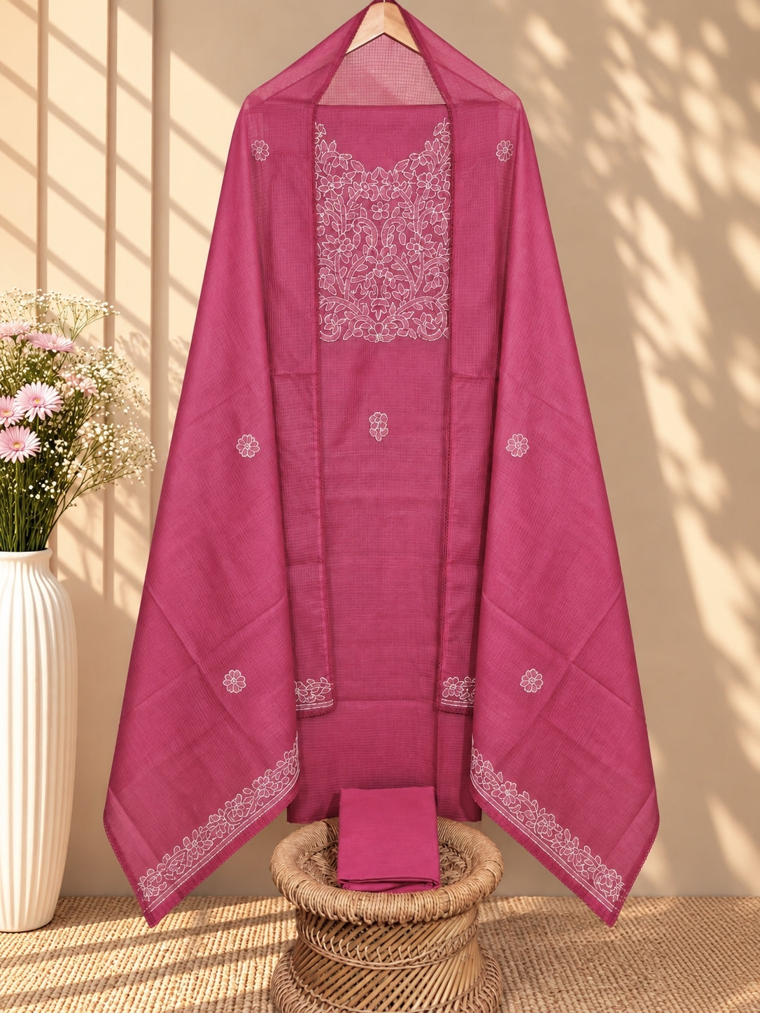 Soft Tussar Kota Weaving Unstitched Salwar - Pink