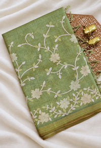 Linen Tissue with Aari Work - Sage Green