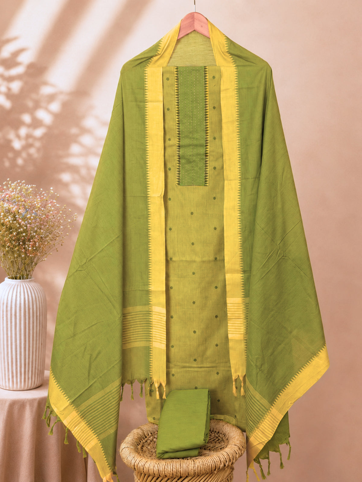 Pure Cotton Unstitched Salwar - Green with Yellow
