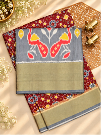 Pochampally Art Silk Saree - Dark Brown with Grey