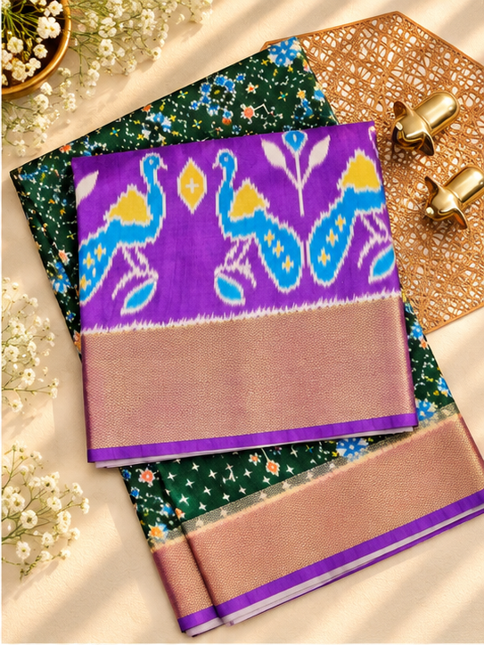Pochampally Art Silk Saree - Green with Lavender