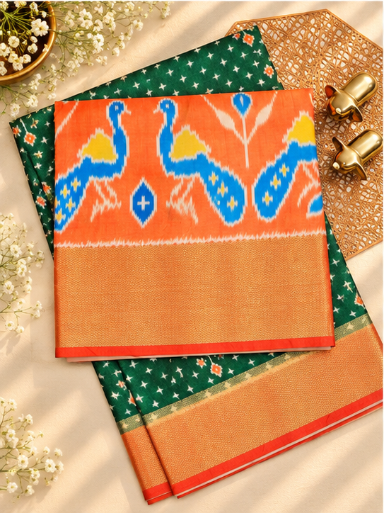 Pochampally Art Silk Saree - Green with Orange