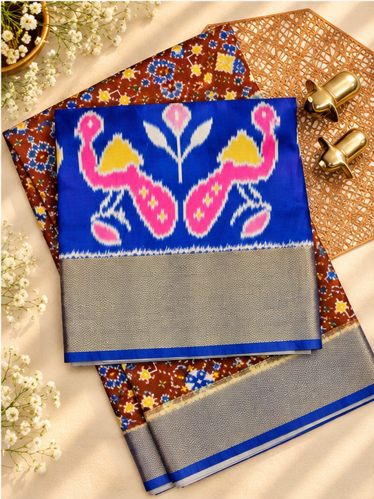 Pochampally Art Silk Saree - Brown with Blue