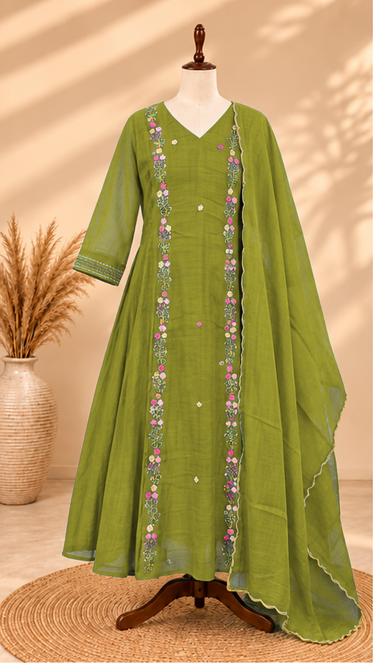 Premium Mul Chanderi 3 pcs Salwar Suit - Green