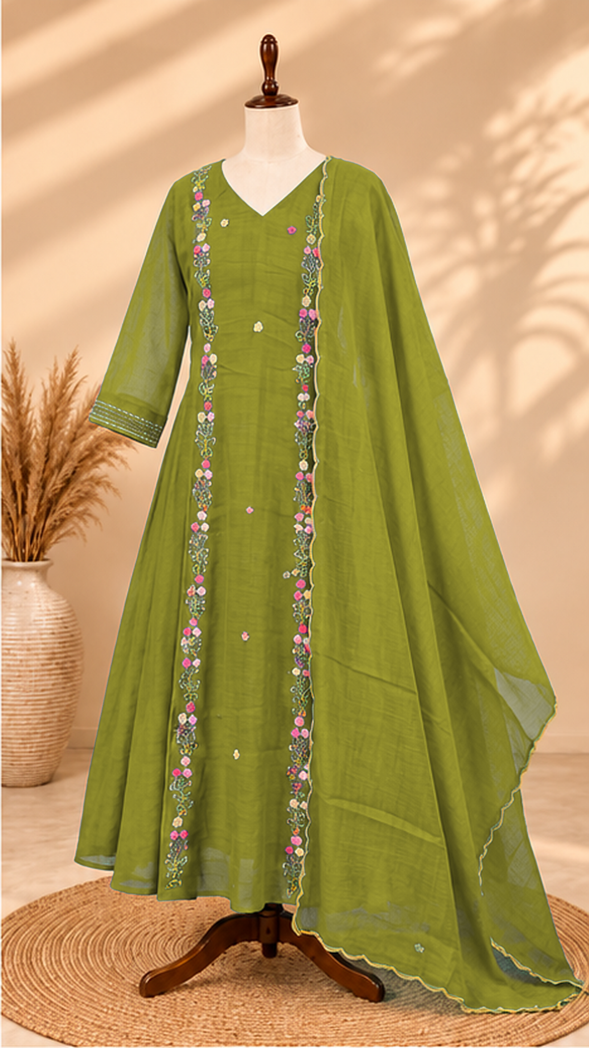 Premium Mul Chanderi 3 pcs Salwar Suit - Green