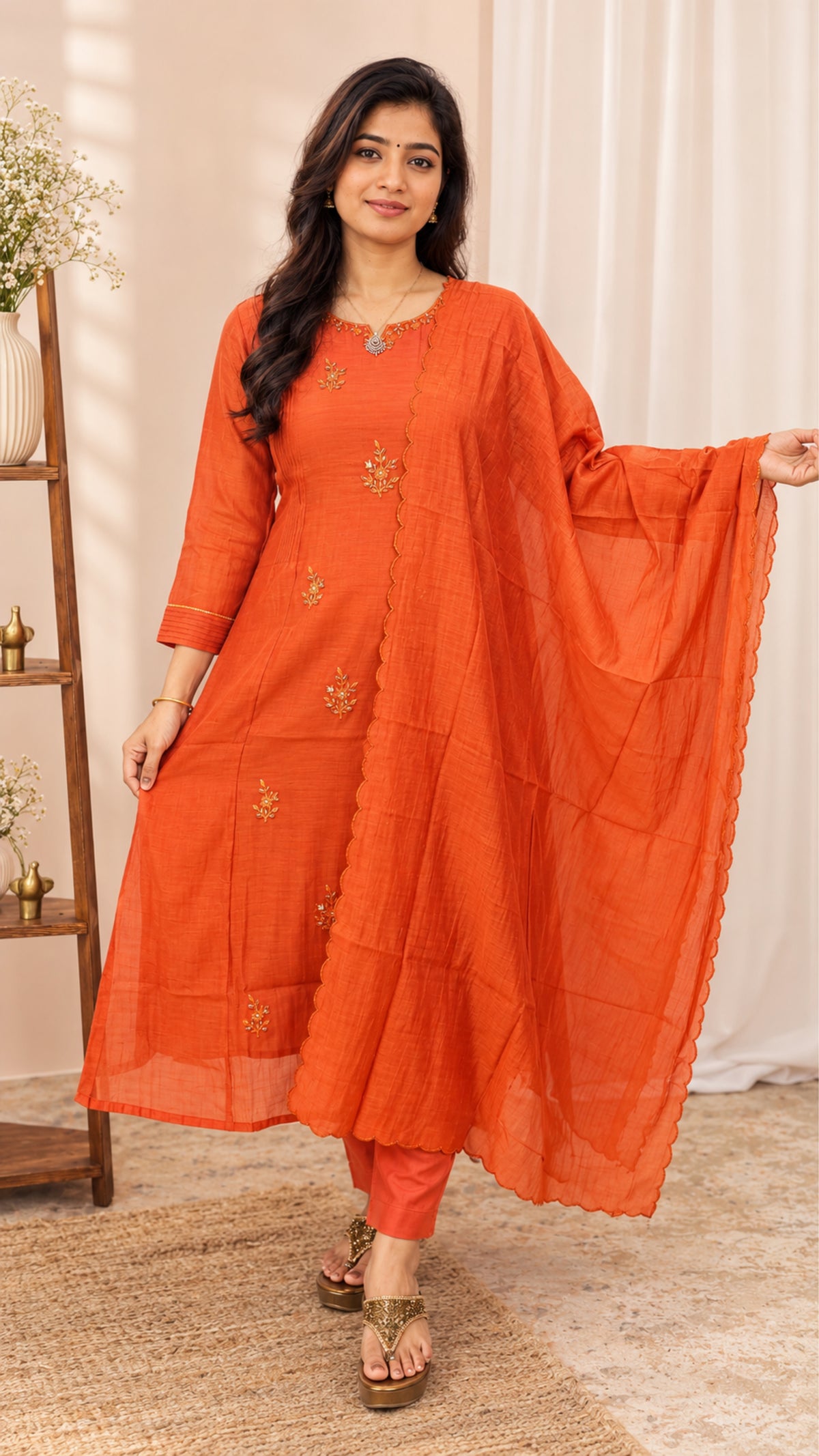 Premium Mul Chanderi 3 pcs Salwar Suit - Orange