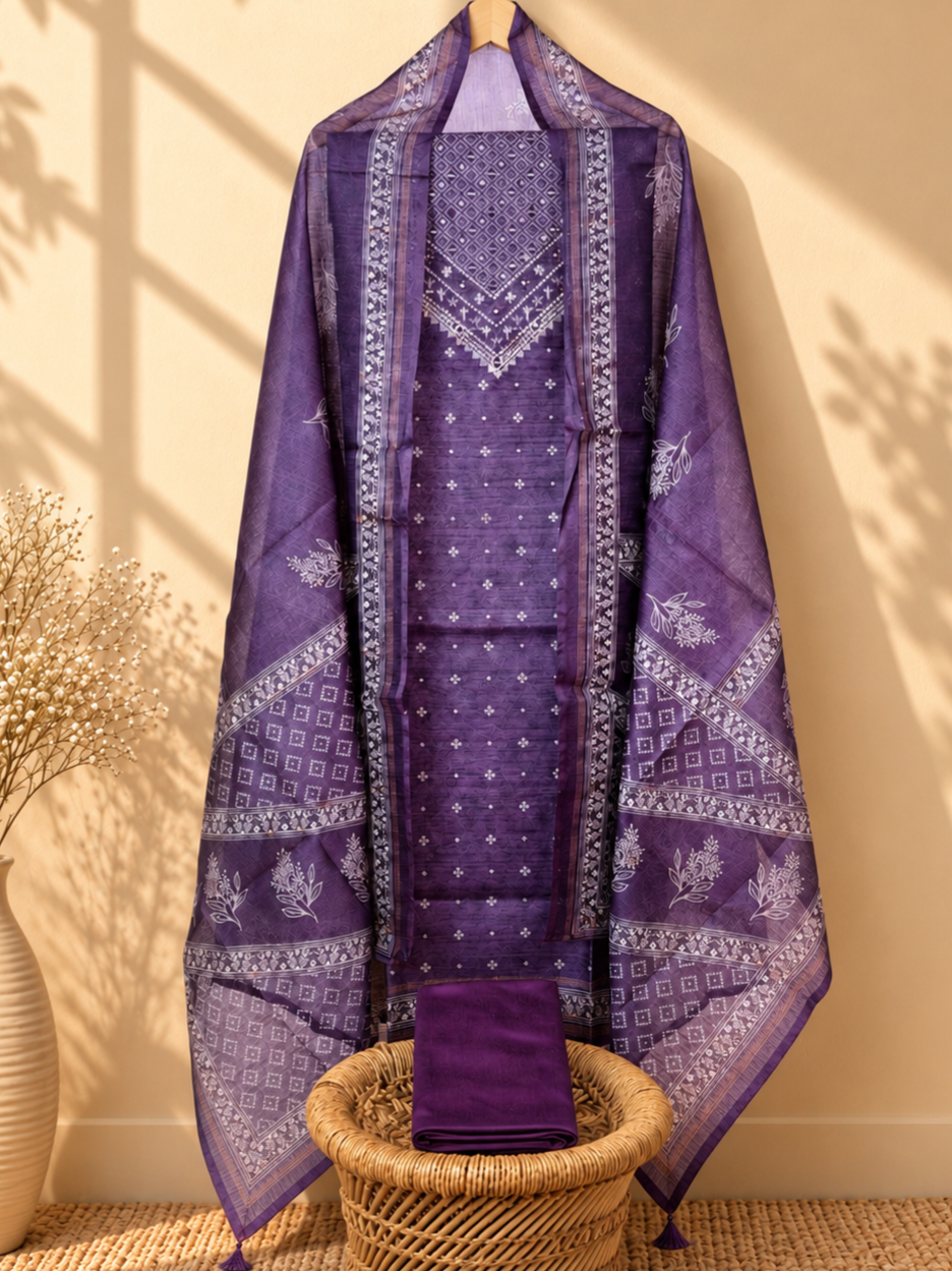 Semi Tussar Unstitched Salwar Set –  Purple