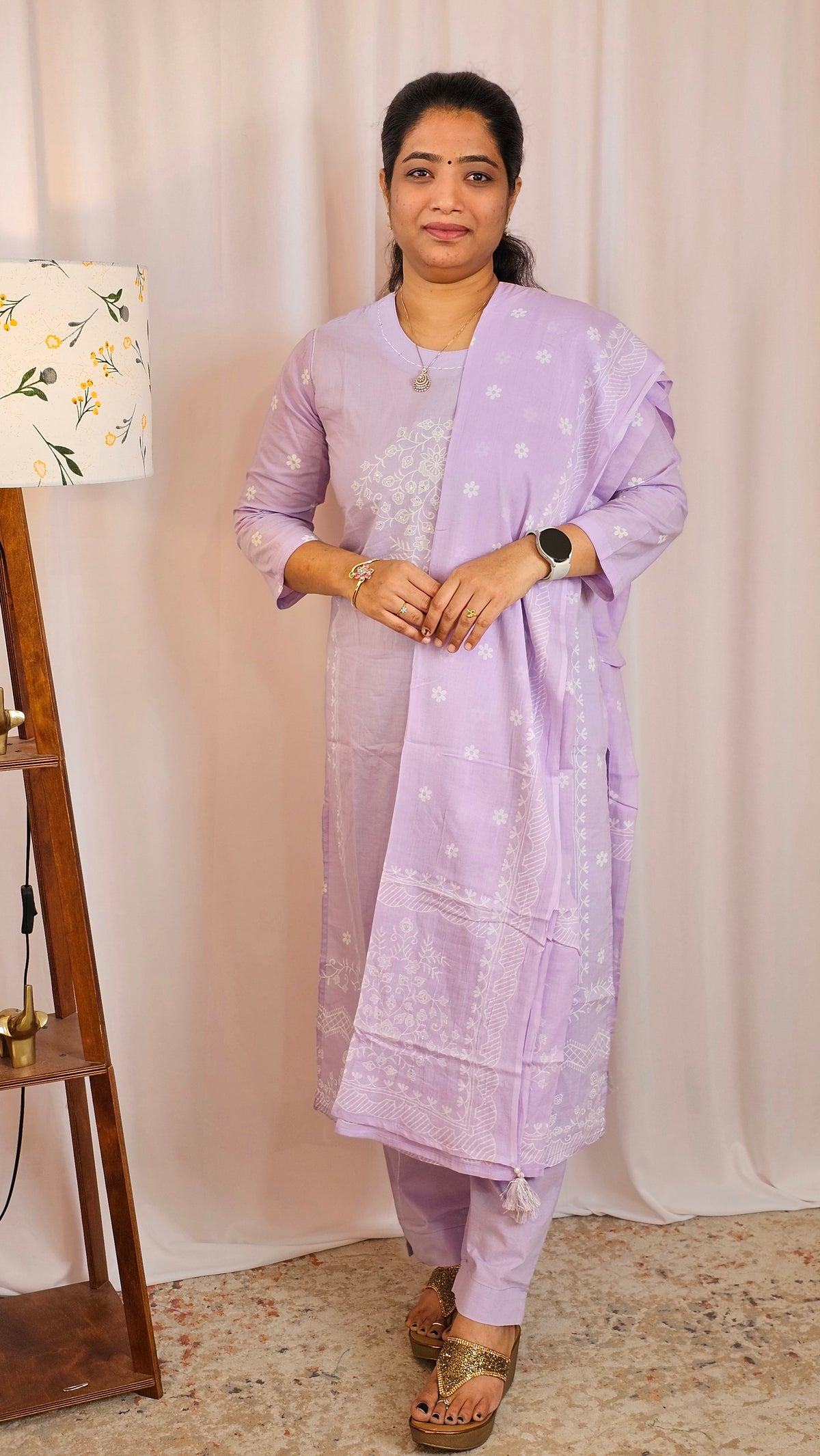 Premium 3 Pcs Mul Cotton Aline kurti with bottom and Dupatta - Lilac