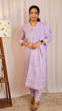 Premium 3 Pcs Mul Cotton Aline kurti with bottom and Dupatta - Lilac