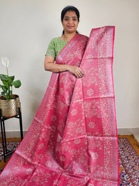 Bhagalpuri with Silver Zari Weaving Batik Print - Pink with Dark Maroon