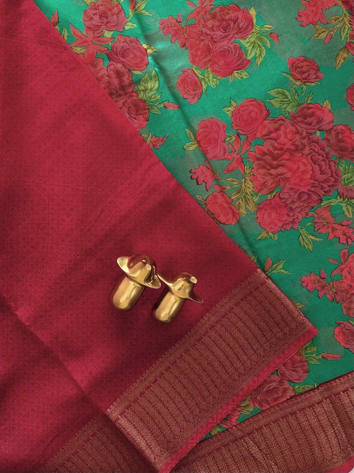 Pure Chanderi Butter Silk - Green with Red