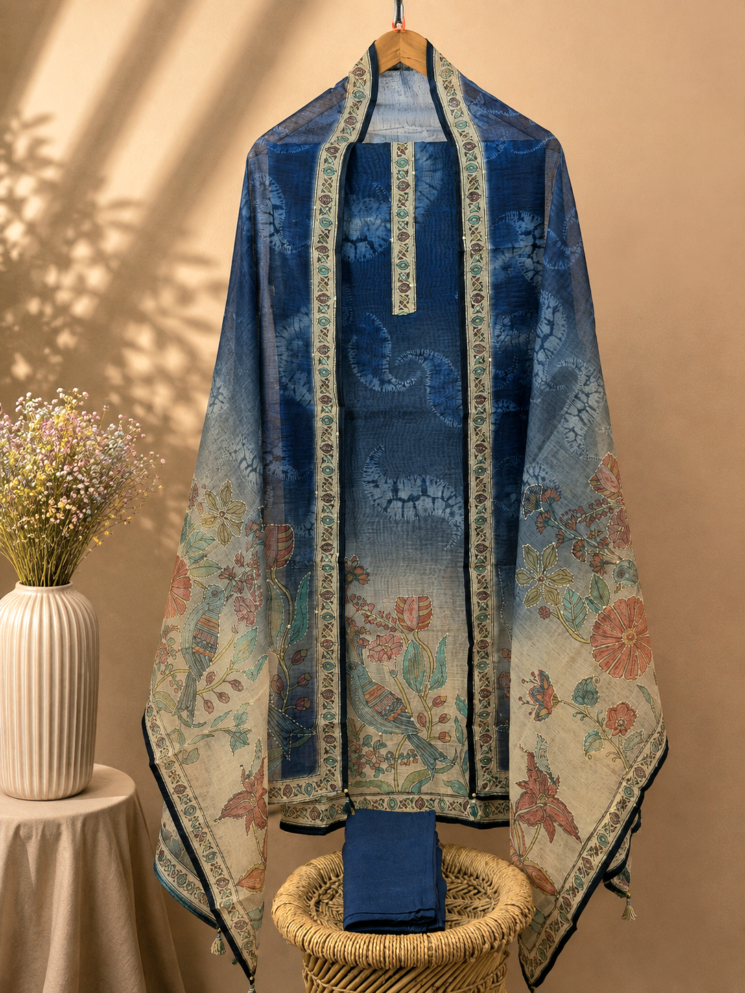 Chanderi Kantha Unstitched Salwar - Blue