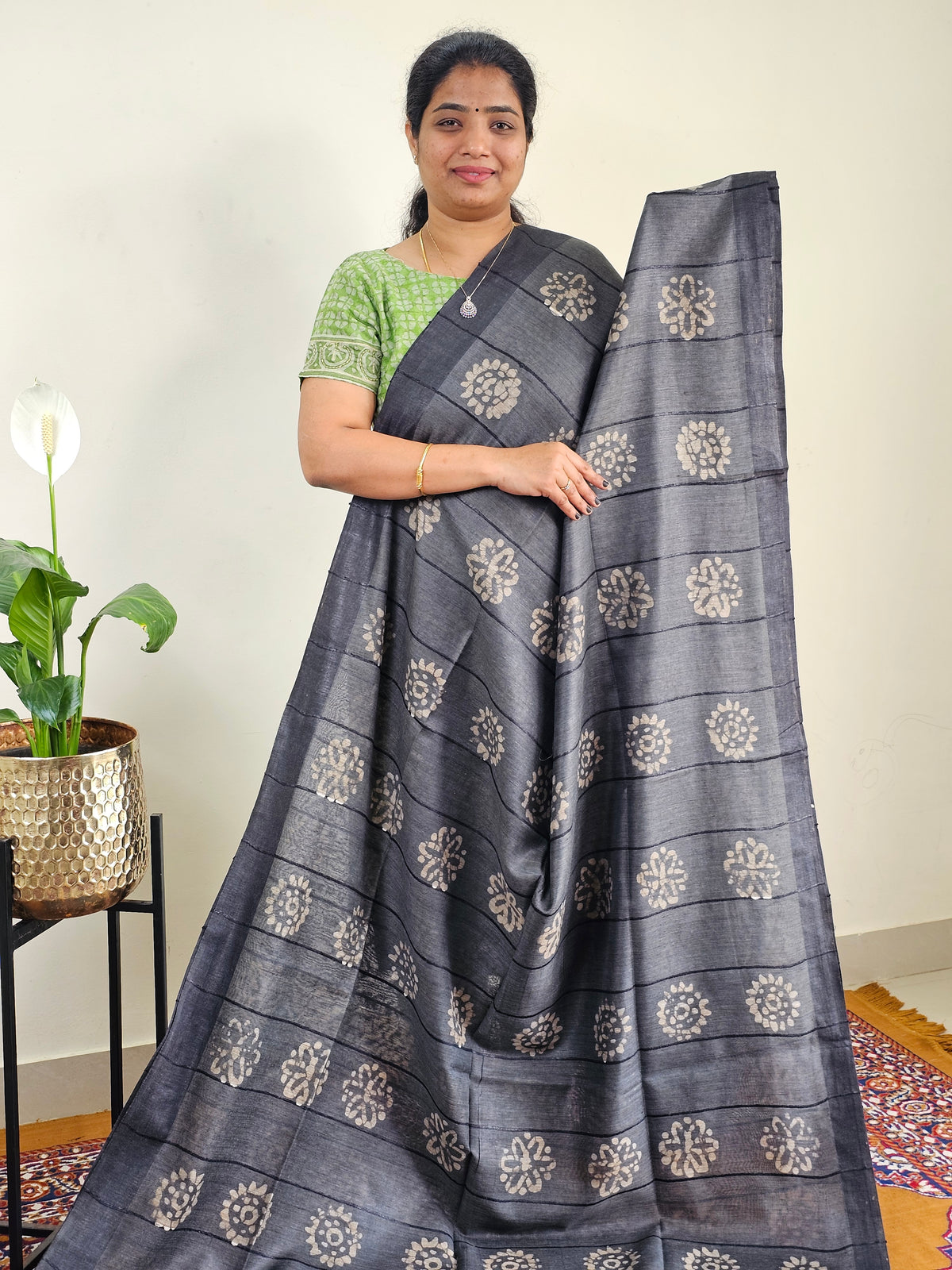 Bhagalpuri with Batik Print -Grey with Sea Green