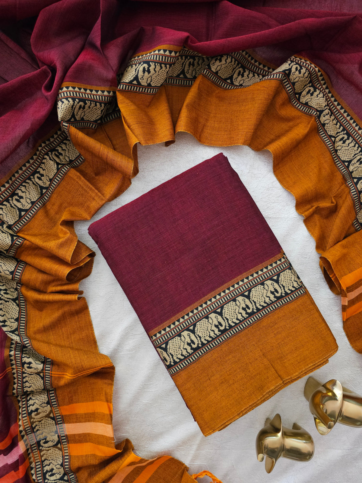Handloom Narayanpet Cotton Unstitched Salwar- Dark Maroon with Mustard Yellow