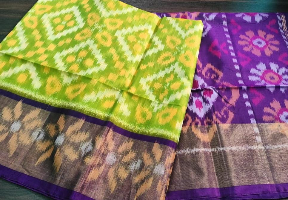 Green with Purple  Pochampally Ikkat Silk Cotton (SICO Pattu)
