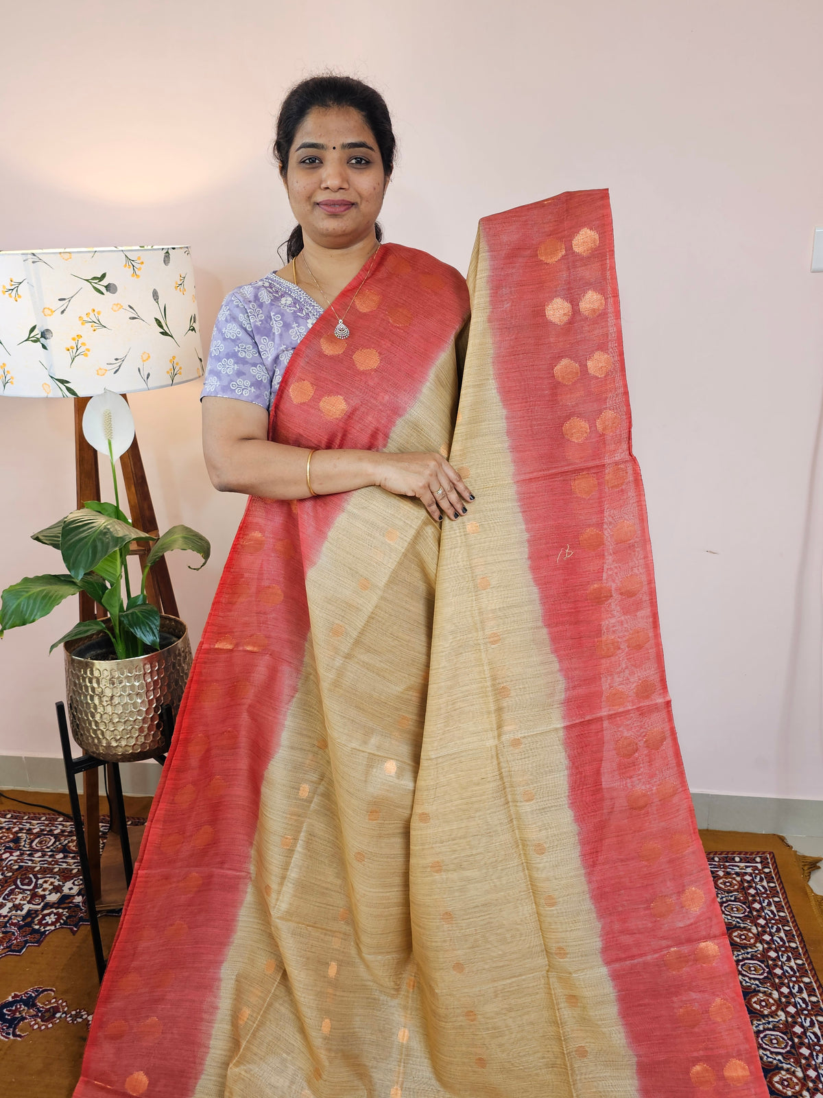 Bhagalpuri Viscous with Zari Weaving Saree - Beige with Red
