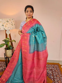 Bhagalpuri Viscous with Zari Weaving Saree - Sea Green with Red