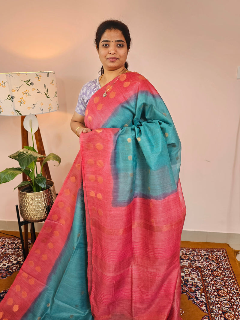 Bhagalpuri Viscous with Zari Weaving Saree - Sea Green with Red