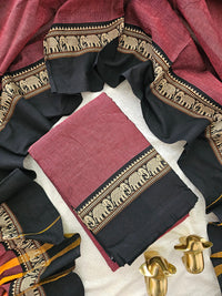 Handloom Narayanpet Cotton Unstitched Salwar- Maroon with Black