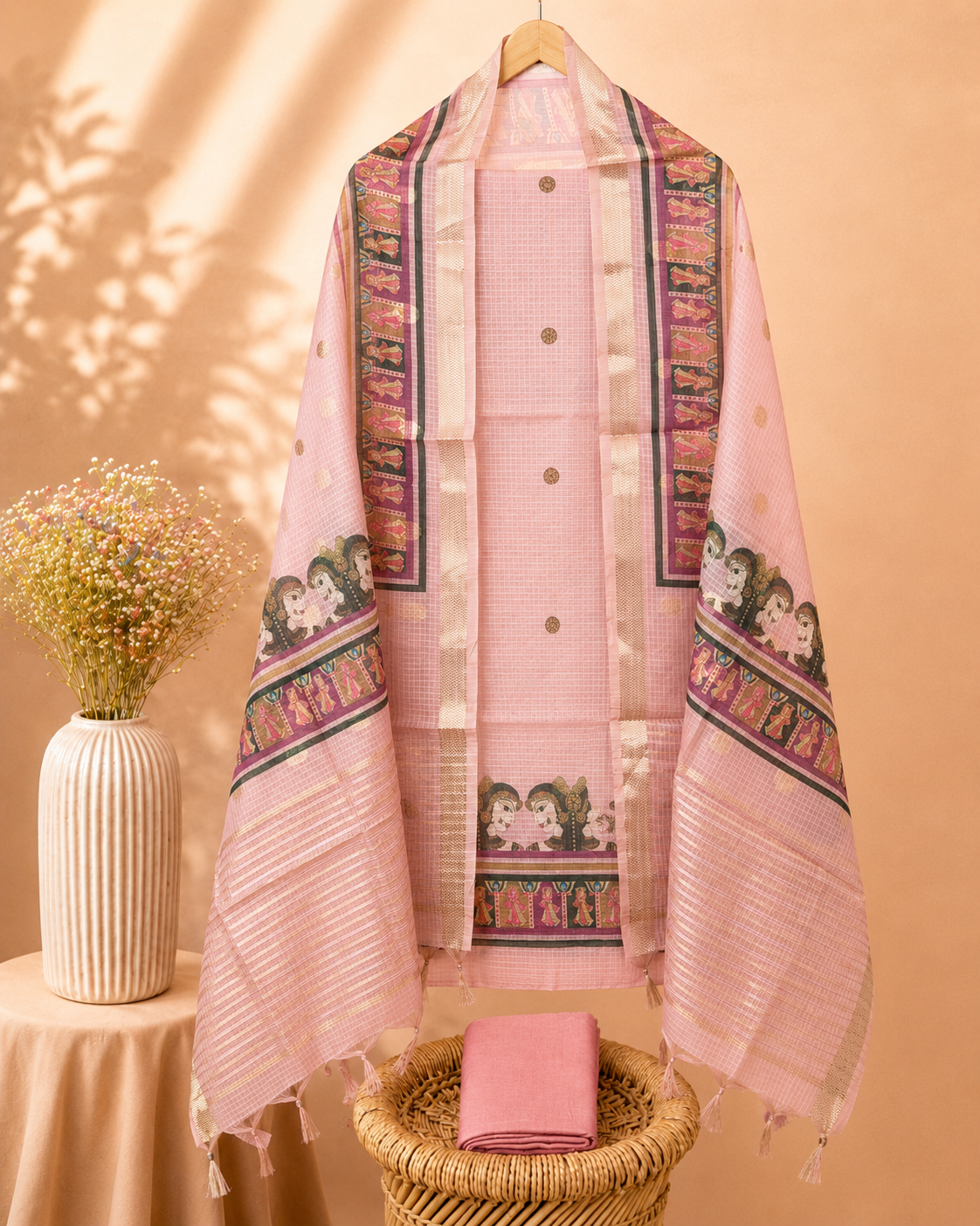 Semi Tussar Kota Weaving Unstitched Salwar  – Peach