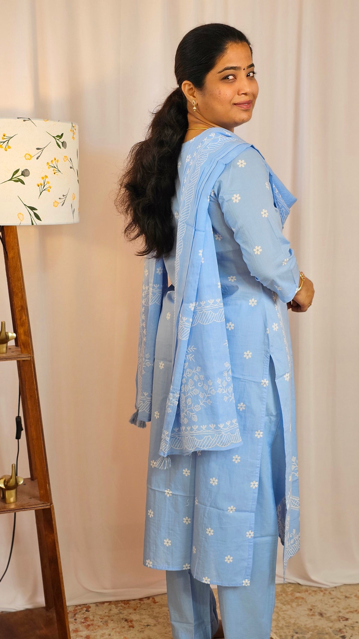 Premium 3 Pcs Mul Cotton Aline kurti with bottom and Dupatta - Blue